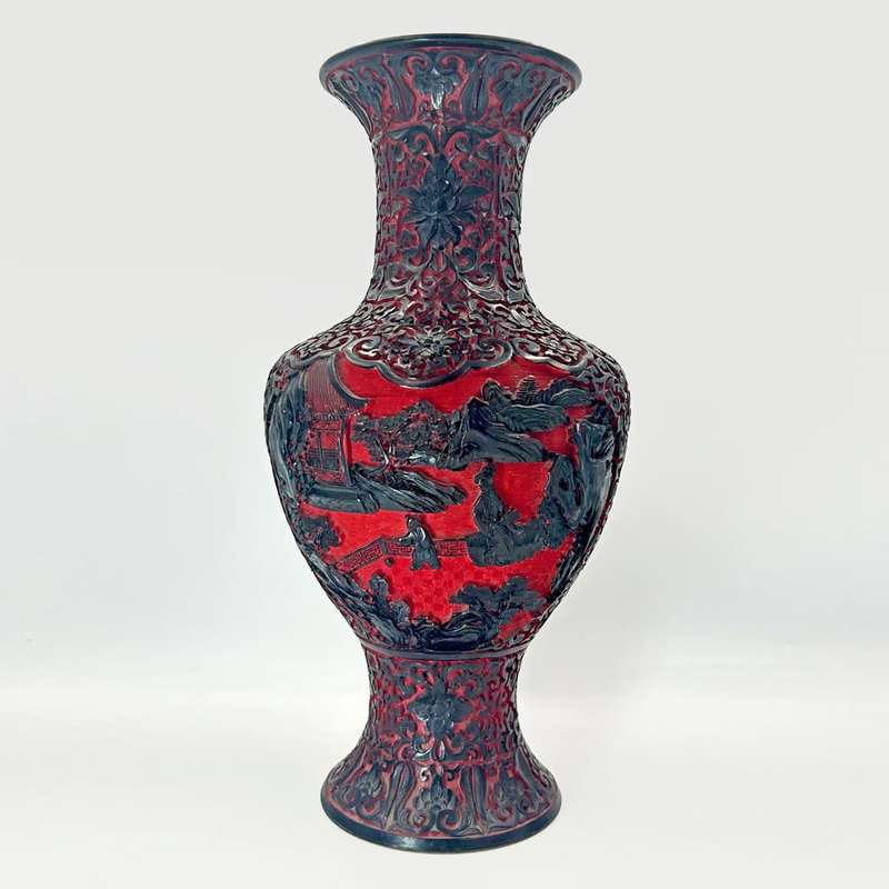 Cinnabar Chinese Hand Carved Large Village Scene Dual Tone Vase 20th