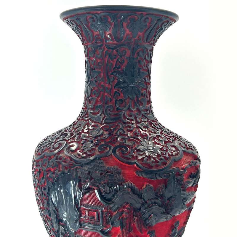 Cinnabar Chinese Hand Carved Large Village Scene Dual Tone Vase 20th