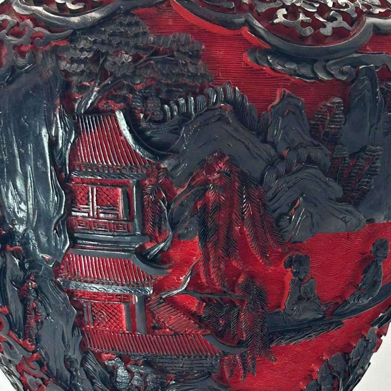 Cinnabar Chinese Hand Carved Large Village Scene Dual Tone Vase 20th