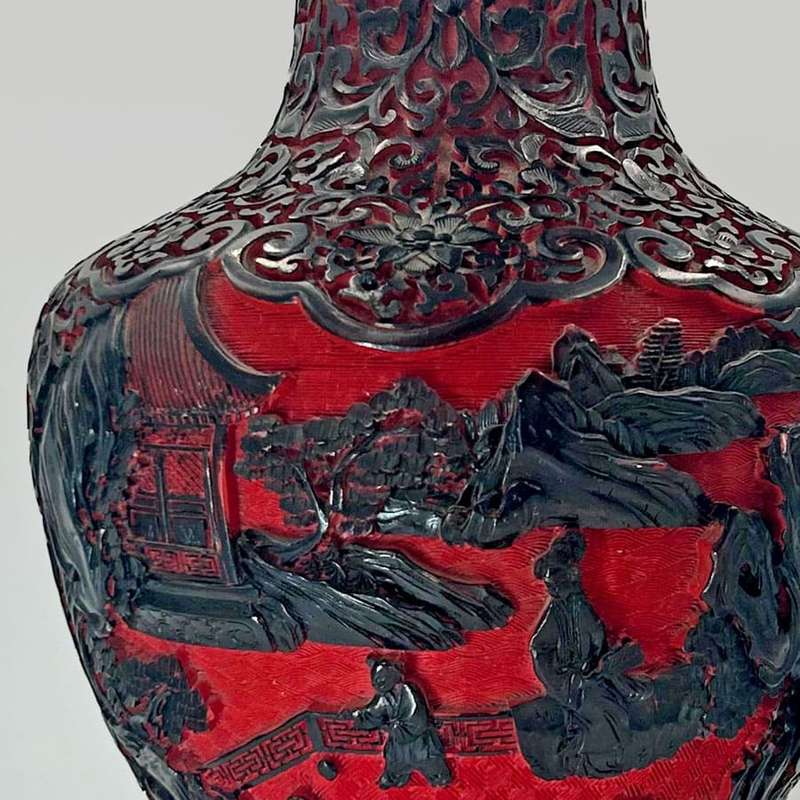 Cinnabar Chinese Hand Carved Large Village Scene Dual Tone Vase 20th
