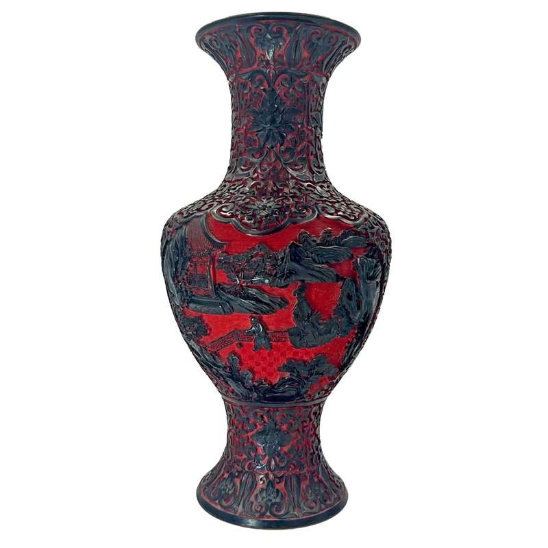 Cinnabar Chinese Hand Carved Large Village Scene Dual Tone Vase 20th