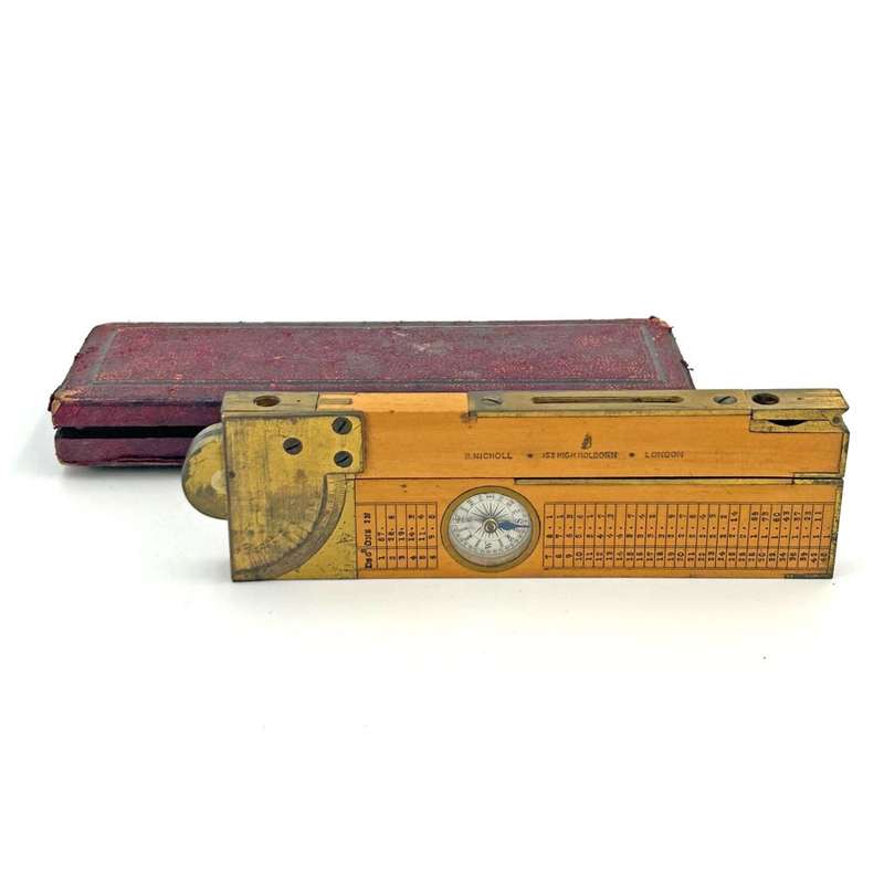 Antique 12 Inch Folding Wooden Rule With Compass And Levelling R. Nicholl