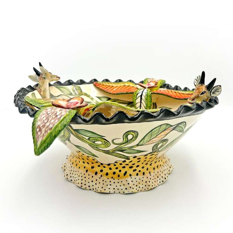 Ardmore Hand Painted Buck and Cheetah Bowl by Nhlanhla 2008