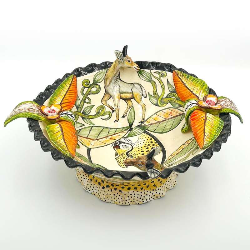 Ardmore Hand Painted Buck and Cheetah Bowl by Nhlanhla 2008