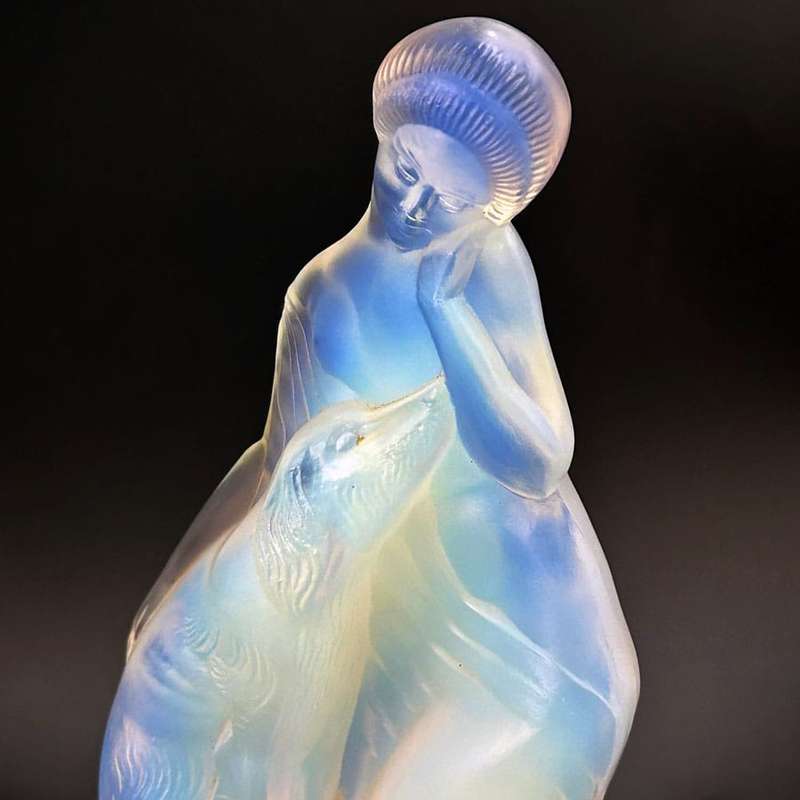 Art Deco Opalescent Glass Etling Figural Lamp Of A lady And Dog
