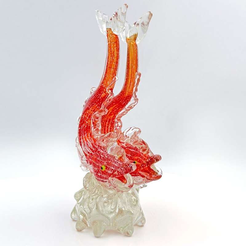 Murano Red With Silver Pair Fish Riding The Crest Of A Wave 20th