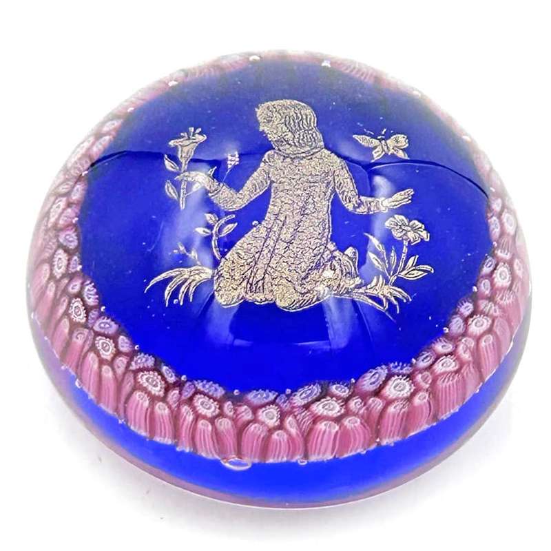 Murano Glass Girl In Garden Millefiori Paperweight