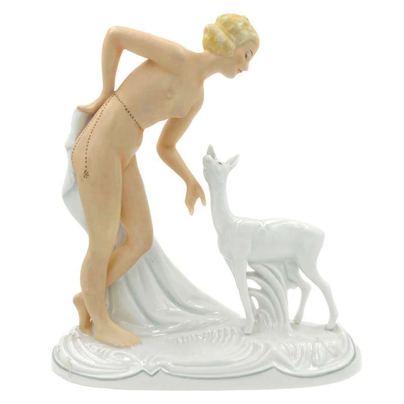 Schaubach Kunst Porcelain Figurine Lady With Deer