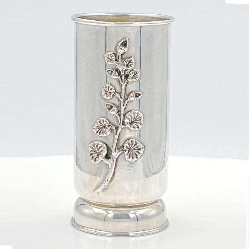 Sterling Silver Cylinder Vase Applied Leaf Motif