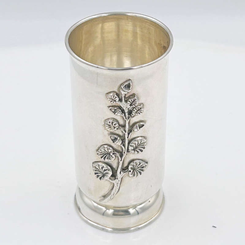 Sterling Silver Cylinder Vase Applied Leaf Motif