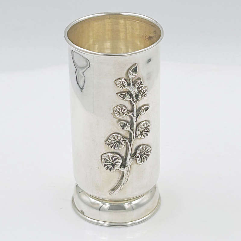Sterling Silver Cylinder Vase Applied Leaf Motif