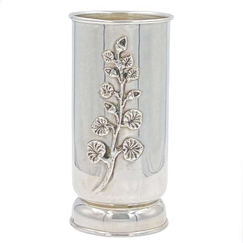 Sterling Silver Cylinder Vase Applied Leaf Motif