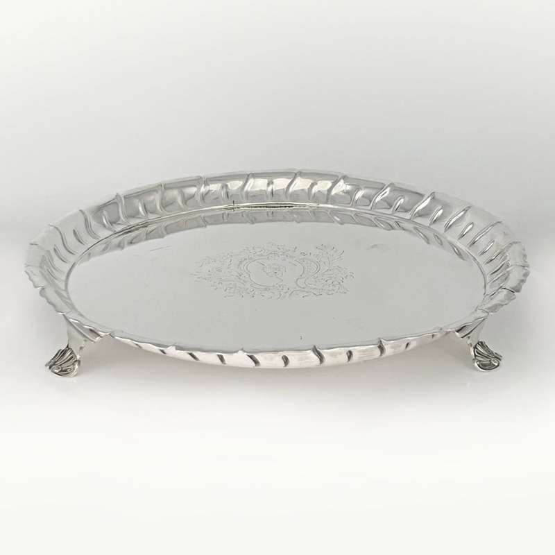 Georgian Hallmarked Silver Salver Sheffield 1758 On Scroll Shell Feet