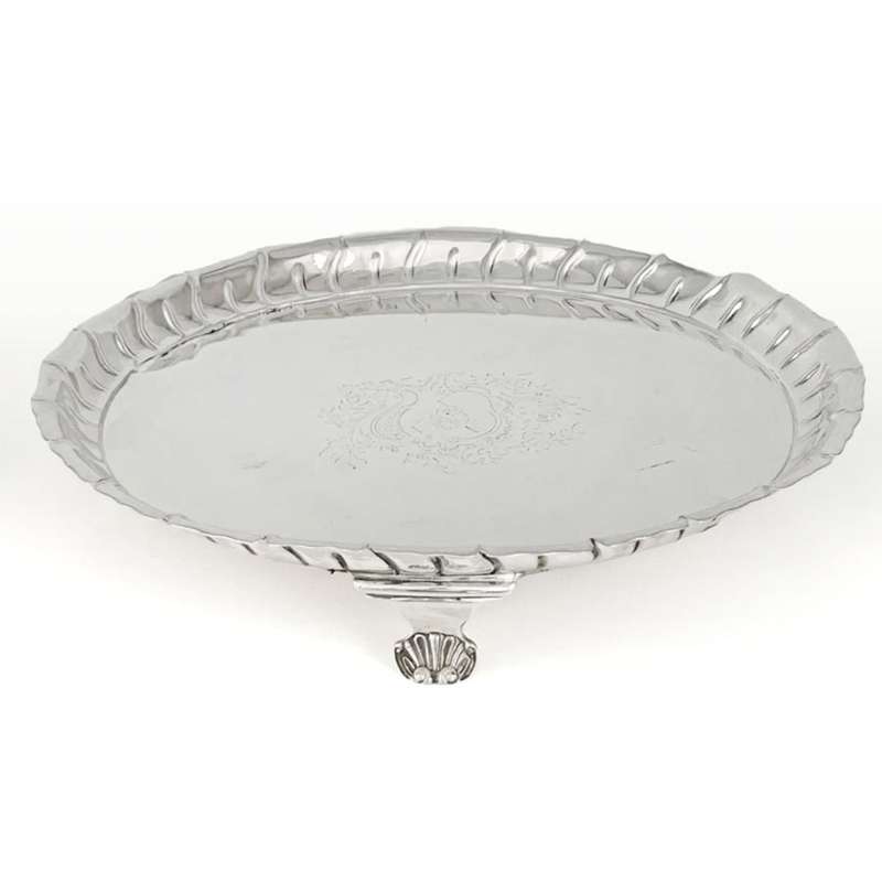 Georgian Hallmarked Silver Salver Sheffield 1758 On Scroll Shell Feet
