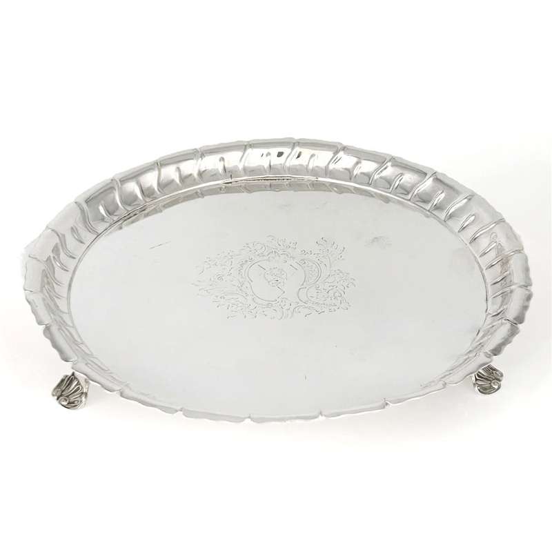 Georgian Hallmarked Silver Salver Sheffield 1758 On Scroll Shell Feet