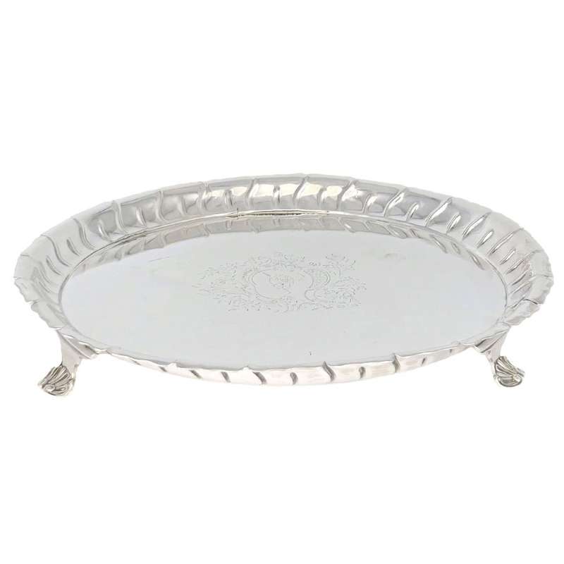 Georgian Hallmarked Silver Salver Sheffield 1758 On Scroll Shell Feet