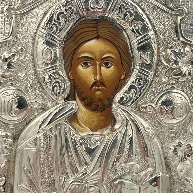 Greek Jesus Icon 950 Silver Framed 20th
