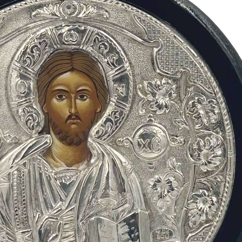 Greek Jesus Icon 950 Silver Framed 20th