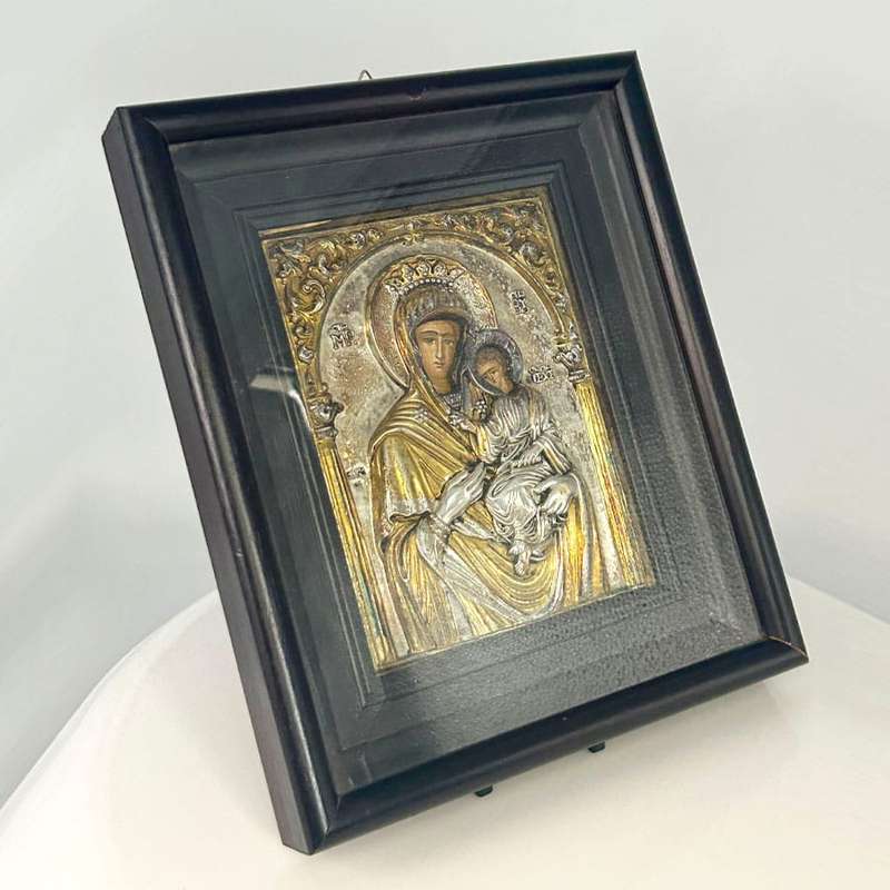 Greek Maria and Child  Icon 950 Gilt Silver Framed 20th