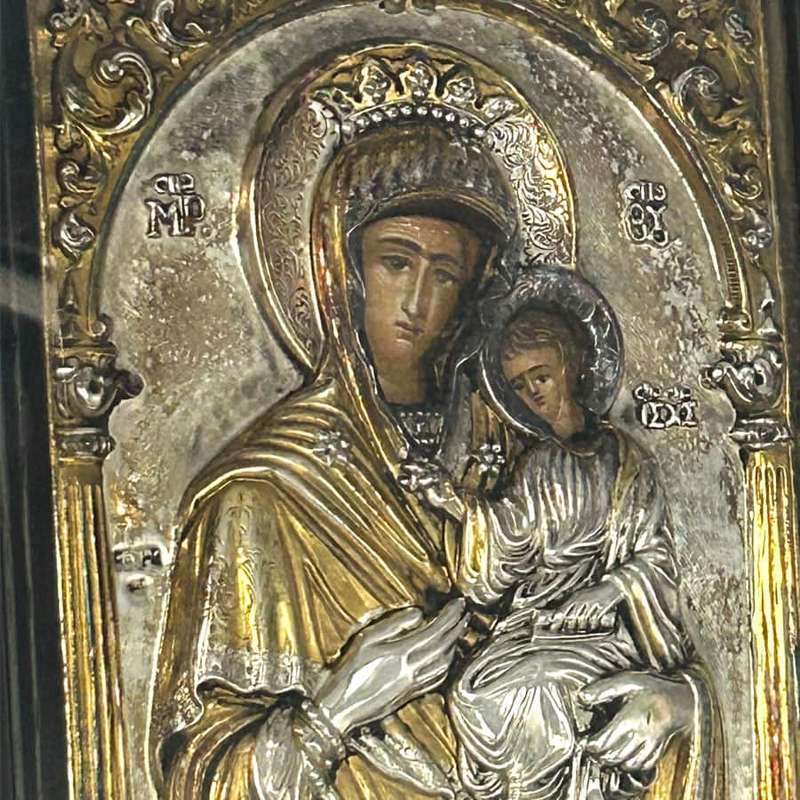 Greek Maria and Child  Icon 950 Gilt Silver Framed 20th