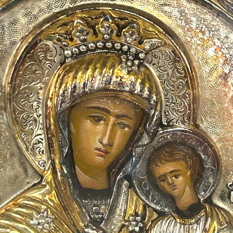 Greek Maria and Child  Icon 950 Gilt Silver Framed 20th