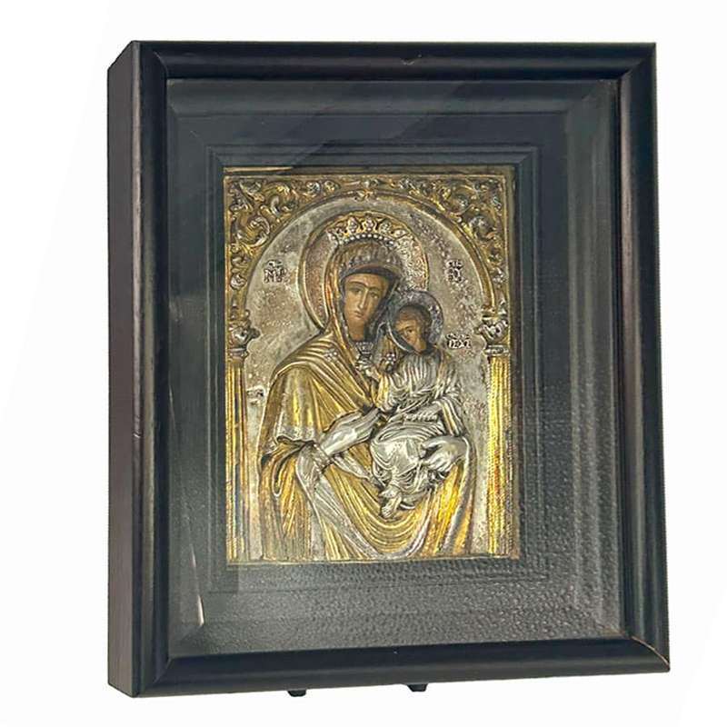 Greek Maria and Child  Icon 950 Gilt Silver Framed 20th