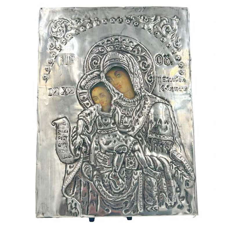 Greek Maria and Child  Icon 950  Silver Framed 19th
