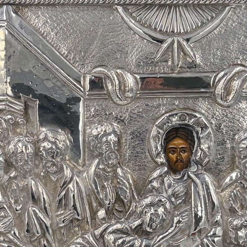 Greek The Last Supper Icon 950 Silver Framed 20th