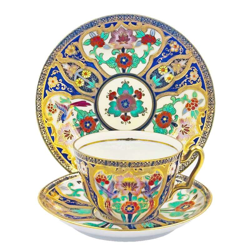 Noritake Japan Maruki Seal Gold Flowers and Birds Tea Trio