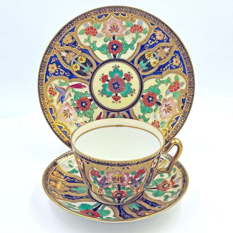 Noritake Japan Maruki Seal Gold Flowers and Birds Tea Trio