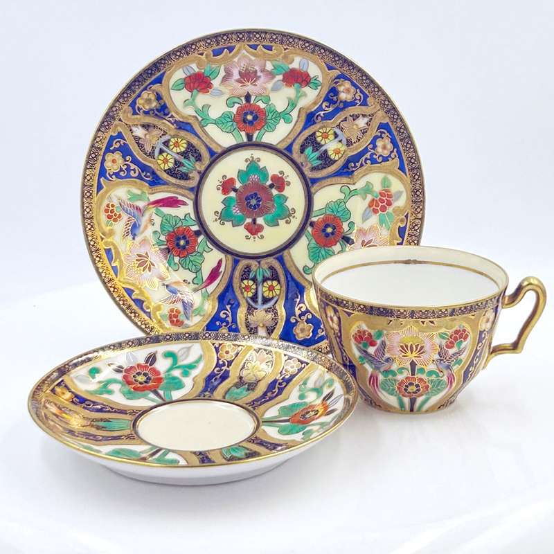 Noritake Japan Maruki Seal Gold Flowers and Birds Tea Trio