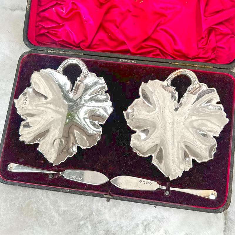 Victorian Hallmarked Silver Boxed Butter Serving Set London 1892