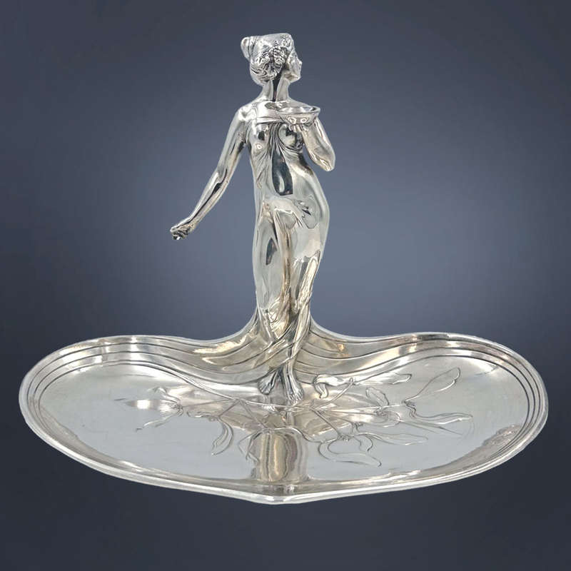 WMF Silvered Art Nouveau Maiden Card Tray C1910