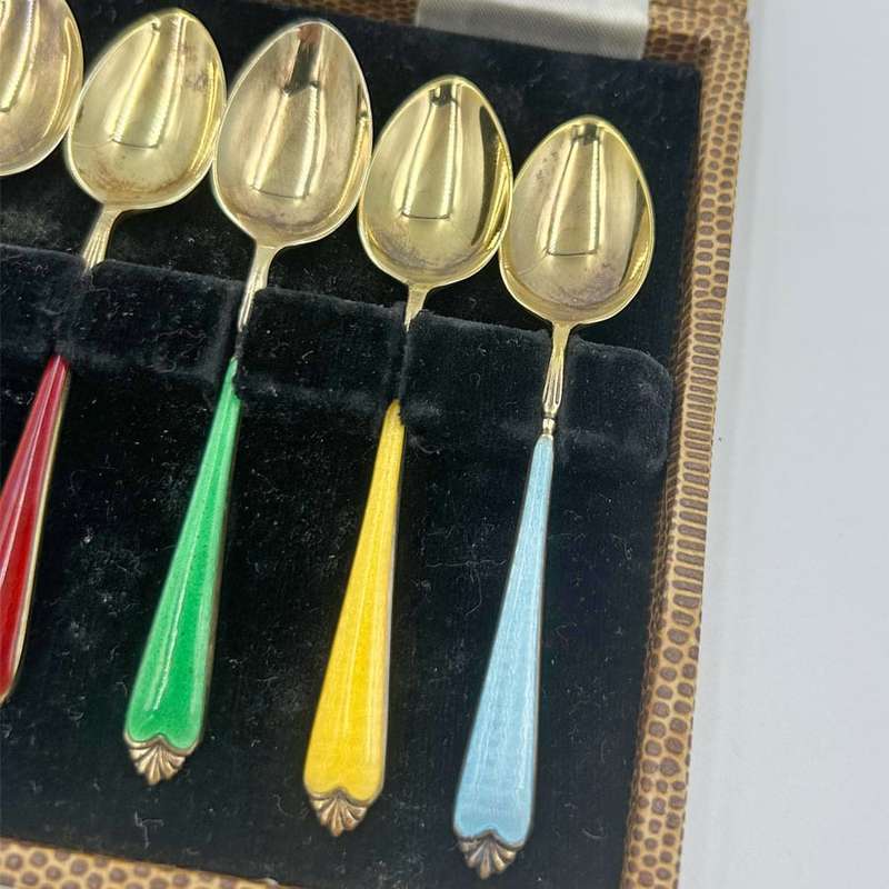 Hallmarked Silver Gilt Enamel Coffee Spoons Birmingham 1937