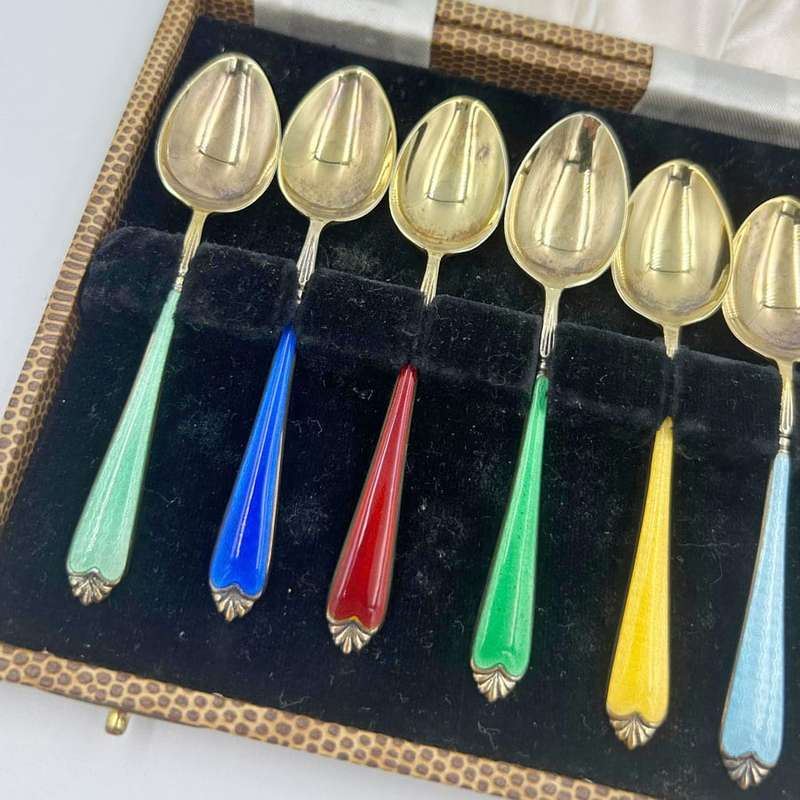 Hallmarked Silver Gilt Enamel Coffee Spoons Birmingham 1937