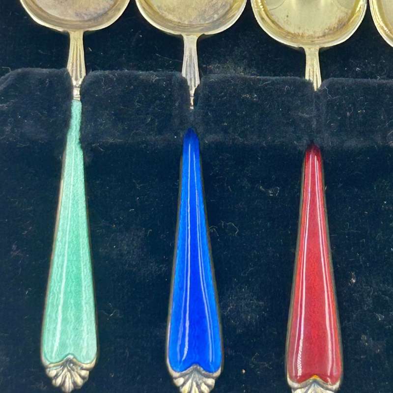 Hallmarked Silver Gilt Enamel Coffee Spoons Birmingham 1937