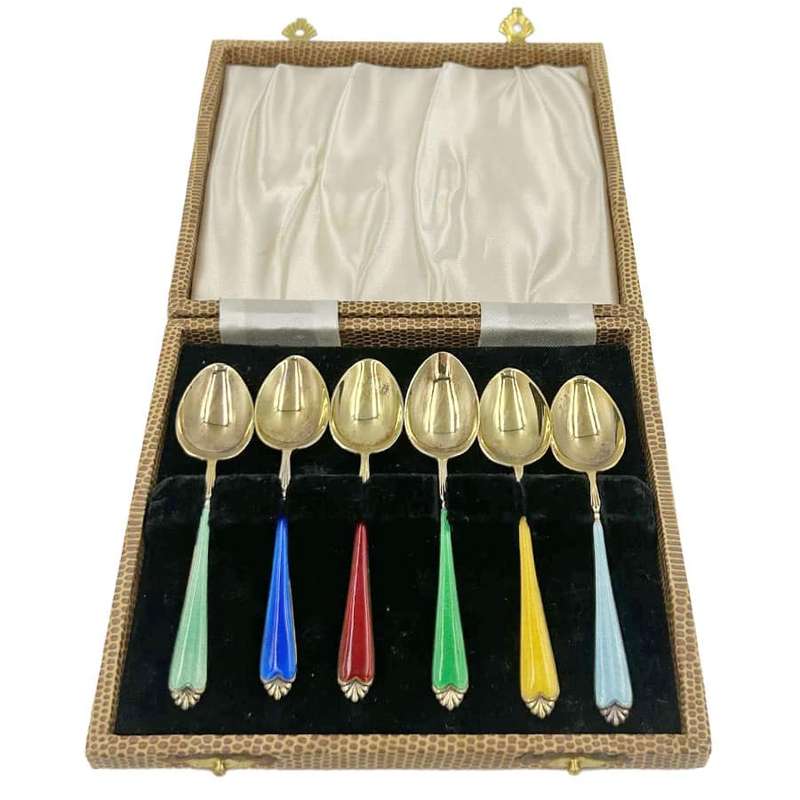 Hallmarked Silver Gilt Enamel Coffee Spoons Birmingham 1937