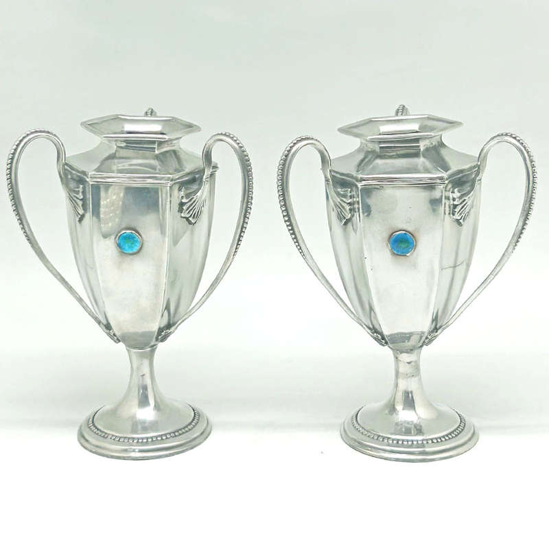 Arts and Crafts Tudric Pair Vases With Enamel Cabochons C1890