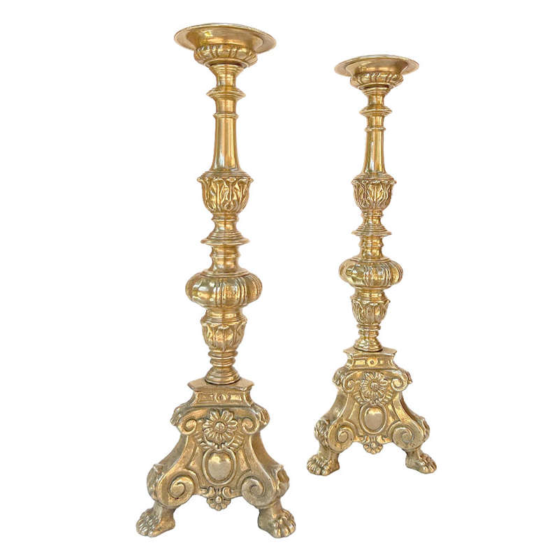 Pair Brass Altar Large Candlesticks Superb Casting 20th