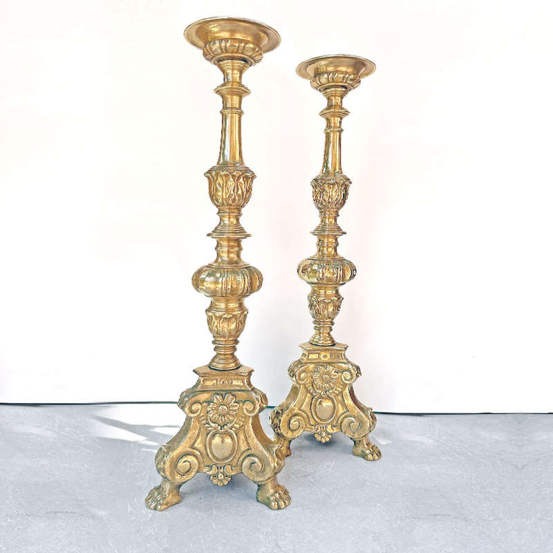 Pair Brass Altar Large Candlesticks Superb Casting 20th