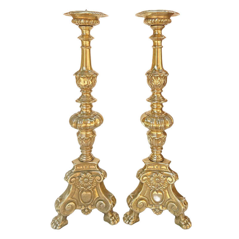 Pair Brass Altar Large Candlesticks Superb Casting 20th