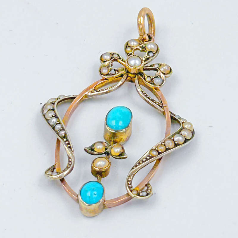 Art Nouveau 9ct Seed Pearl andTurquoise Pendant