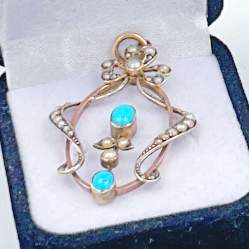 Art Nouveau 9ct Seed Pearl andTurquoise Pendant