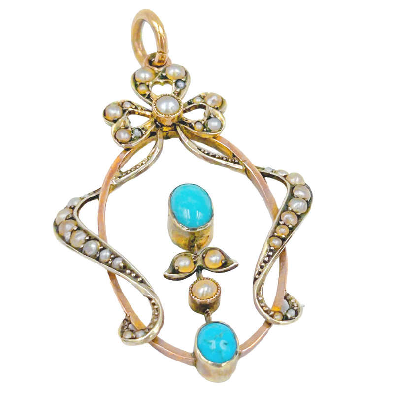 Art Nouveau 9ct Seed Pearl andTurquoise Pendant