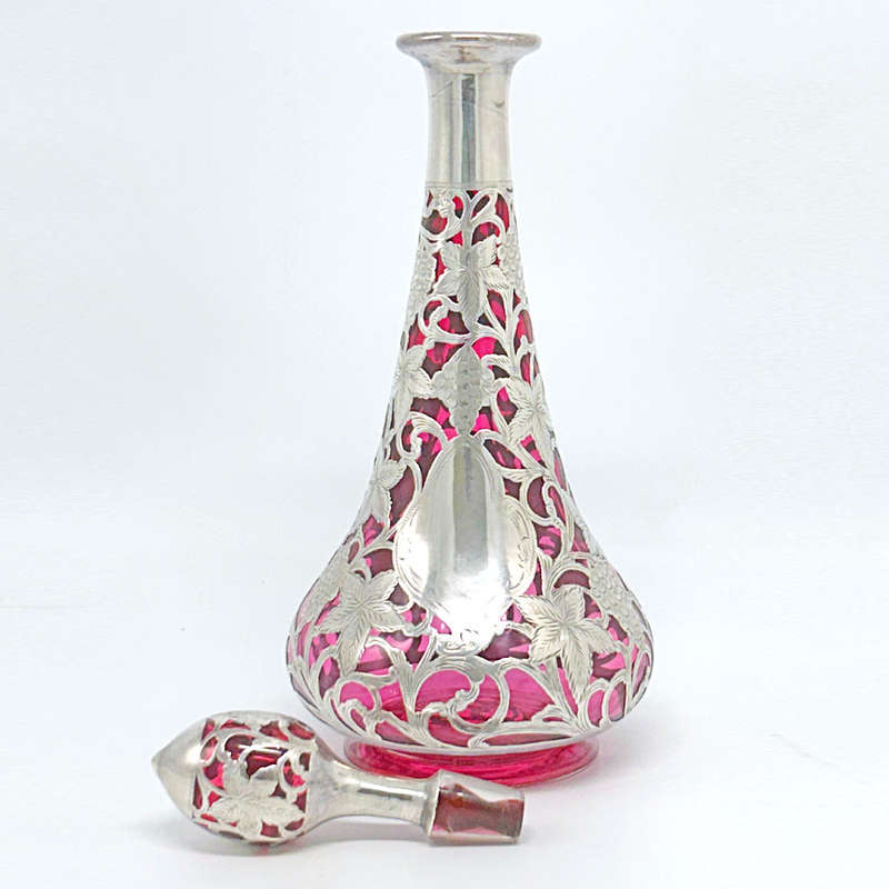 Art Nouveau Cranberry Glass Decanter With Silver Overlay