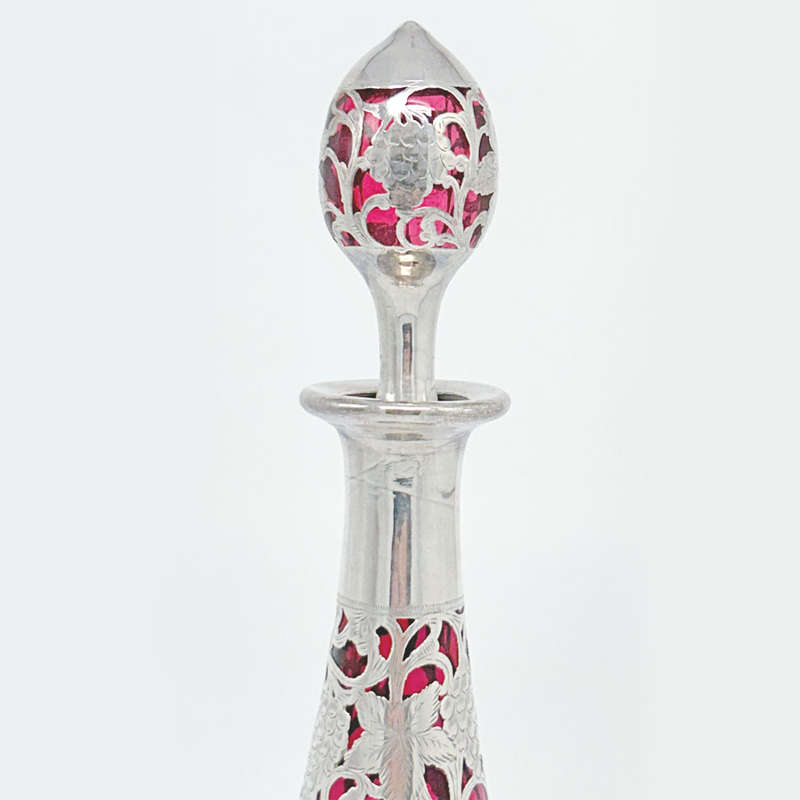 Art Nouveau Cranberry Glass Decanter With Silver Overlay