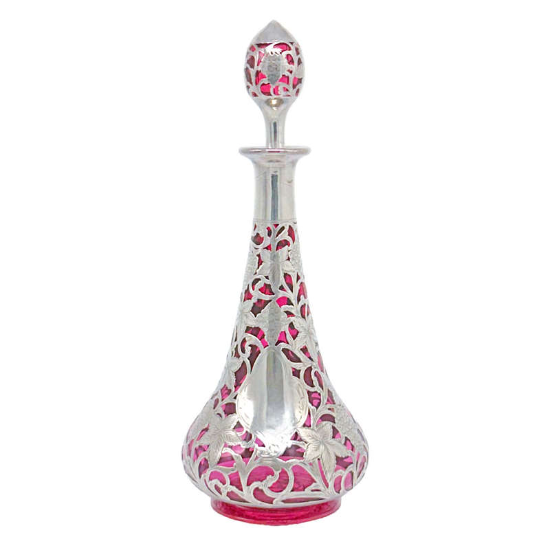 Art Nouveau Cranberry Glass Decanter With Silver Overlay