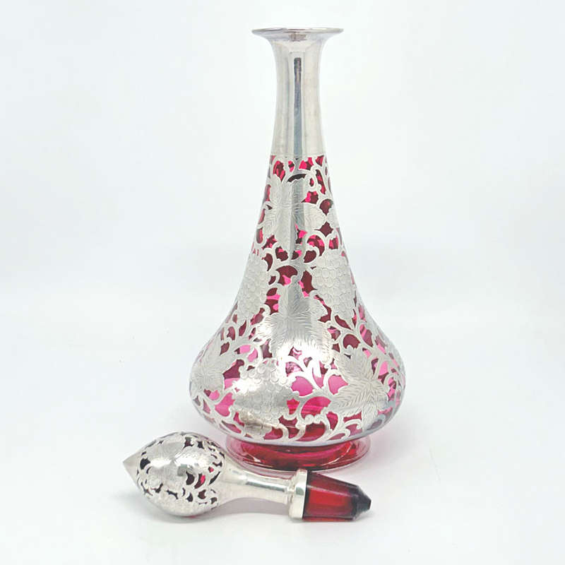 Art Nouveau Cranberry Glass Silver Overlay Decanter C1910