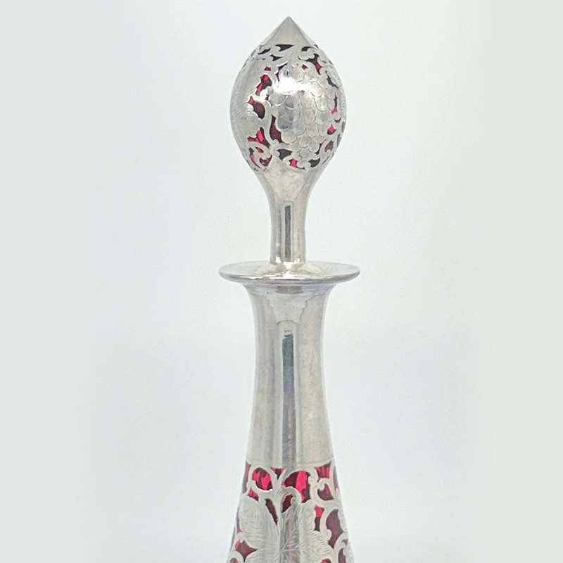 Art Nouveau Cranberry Glass Silver Overlay Decanter C1910