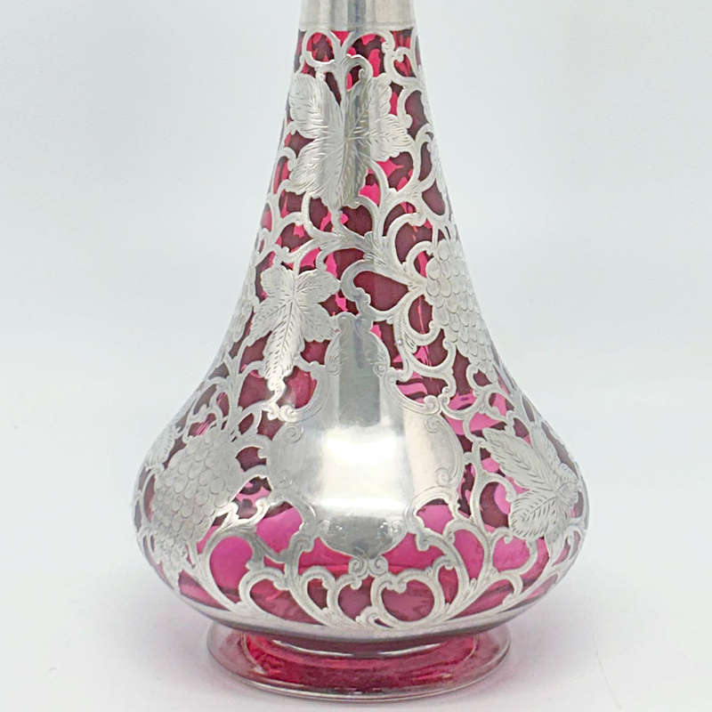 Art Nouveau Cranberry Glass Silver Overlay Decanter C1910